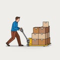 Illustration of a person using a hand pallet jack to move a stack of cardboard boxes. The individual Royalty Free Stock Photo