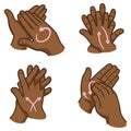 Illustration of a person washing hands in four steps, nail, palm, between the fingers and the top, Afro-descendants