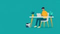 Illustration of a person working on a laptop at a desk with a teal background. Concept of remote work, technology, and Royalty Free Stock Photo
