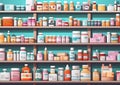 Illustration of pharmacy shelves with various medicines.Macro.AI Generative Royalty Free Stock Photo