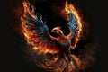 Illustration of a phoenix in fire. Symbol of rebirth. Fenix with burning wings and feathers. Generative AI