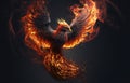 Illustration of a phoenix in fire. Symbol of rebirth. Fenix with burning wings and feathers. Generative AI