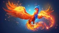 Illustration of a phoenix firebird cartoon character with flaming red plumage and steaming wings. Symbol of immortality