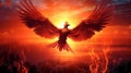 Illustration of a phoenix soaring against a backdrop of a dramatic sunset sky behind the mythical creature Royalty Free Stock Photo