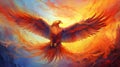 Illustration of a phoenix soaring against a backdrop of a dramatic sunset sky behind the mythical creature Royalty Free Stock Photo