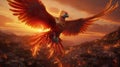 Illustration of a phoenix soaring against a backdrop of a dramatic sunset sky behind the mythical creature Royalty Free Stock Photo