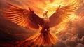 Illustration of a phoenix soaring against a backdrop of a dramatic sunset sky behind the mythical creature Royalty Free Stock Photo
