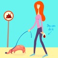 Illustration about picking up your dog`s poop. Nice girl picked up a dog`s shit and put it into a doggie bag. vector Royalty Free Stock Photo