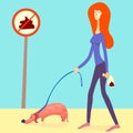 Illustration about picking up your dog`s poop. Red haired girl picked up a dog`s shit and put it into a doggie bag. vector Royalty Free Stock Photo