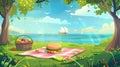 An illustration of a picnic basket on a blanket in a seaside park. Burgers and fruits are served for lunch under