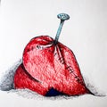 Illustration, picture colored pens nailed the heart with a nail