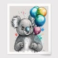 illustration picture drawing koala bear with balloons. cartoon drawing.