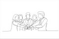 Illustration of picture of happy business team celebrating victory in office. One line style art