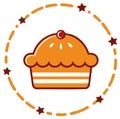 Illustration of a Pie with Cherry Topping Surrounded by a Circle of Stars and Dashes Royalty Free Stock Photo