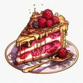 Illustration of a piece of cake with raspberries and blackberries