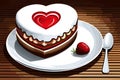 Illustration of a piece of cake with strawberries and heart-shaped icing on a wooden background, generative ai Royalty Free Stock Photo