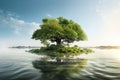 Illustration of a piece of green grass and tree surrounded by water and blue sky.sustainability concept.Generative AI