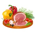 piece of smoked meat in spices with colorful peppers, tomatoes, garlic on a wooden chopping Board isolated on