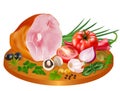 piece of smoked meat in spices with tomatoes, mushrooms, onions and garlic on a wooden cutting board isolated on