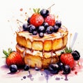 Illustration of a piece of sponge cake soaked in white curd cream, decorated with strawberries and blueberries