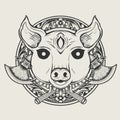 Illustration pig devil head monochrome style