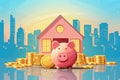 illustration with piggy bank,house,coins,silhouette of city in background,place for text,concept of real estate investment, Royalty Free Stock Photo