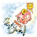 Illustration. Piggy bank. The sun throws bitcoin in the piggy bank. The inscription of congratulations on the New Year.
