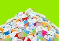 Illustration pile of garbage waste plastic and paper in mountain shape isolated on green screen, bottles plastic garbage waste