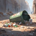 Illustration, piles of garbage in a ruined city