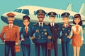 Illustration of The pilots and crew of a modern airliner smile for a group photo, exuding confidence and professionalism
