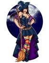 Illustration of pin up dressed up as a witch on a dark sky background
