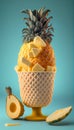 Illustration of pineapple ice cream with pineapple pieces in a waffle cone. The concept of natural sweets. A popular summer