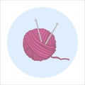 Illustration of a pink ball of thread with knitting needles. Knitting vector icon on blue circle background