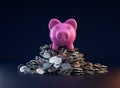 Pink piggy bank, ceramic shiny, on pile of 50 cents USA coins, on dark background, 3d render Royalty Free Stock Photo