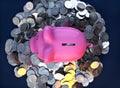 Pink piggy bank, ceramic shiny, on pile of 50 cents USA coins, on dark background, 3d render Royalty Free Stock Photo