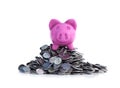 Pink piggy bank, ceramic shiny, on pile of 50 cents USA coins, isolated on white, 3d render Royalty Free Stock Photo