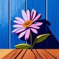 Illustration of a pink daisy flower on a blue wooden background AI generated Royalty Free Stock Photo