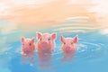 An illustration of a pink family pig with baby pig on a river