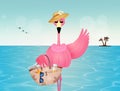 Pink flamingos with beach bag on the beach Royalty Free Stock Photo