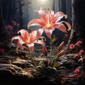 Illustration of pink lily flowers in the middle of a dark forest at night, in the sky, moonlight. Flowering flowers, a symbol of