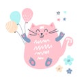 Illustration pink pleased happy cat with balloons, flowers and stars Royalty Free Stock Photo