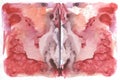 Pink Rorschach test, watercolor, monotype, abstract colorful symmetric painting in color