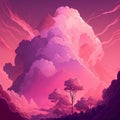 Illustration of a Pink Sky with Dreamy Pink Clouds, Generative Ai