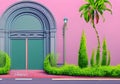 An illustration of a pink wall with a large arched door and green bushes and trees Royalty Free Stock Photo