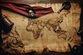 Illustration, Pirate Map on aged parchment, with seafaring equipment