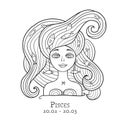 Illustration of Pisces zodiac sign. Element of Water. Beautiful Girl Portrait. One of 12 Women in Collection For Your Royalty Free Stock Photo