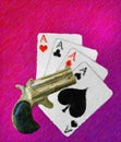 Illustration of a pistol and four aces