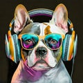 Pitbull dog wears glasses and headphones on his head, generative ai Royalty Free Stock Photo