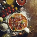 Illustration of pizza preparation. Baking ingredients on the kitchen table: rolled dough, mozzarella, tomatoes sauce, basil, olive Royalty Free Stock Photo