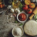 Illustration of pizza preparation. Baking ingredients on the kitchen table: rolled dough, mozzarella, tomatoes sauce, basil, olive Royalty Free Stock Photo